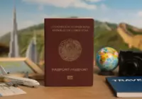 Uzbek passport and symbols of international travel against landmarks of visa-free countries