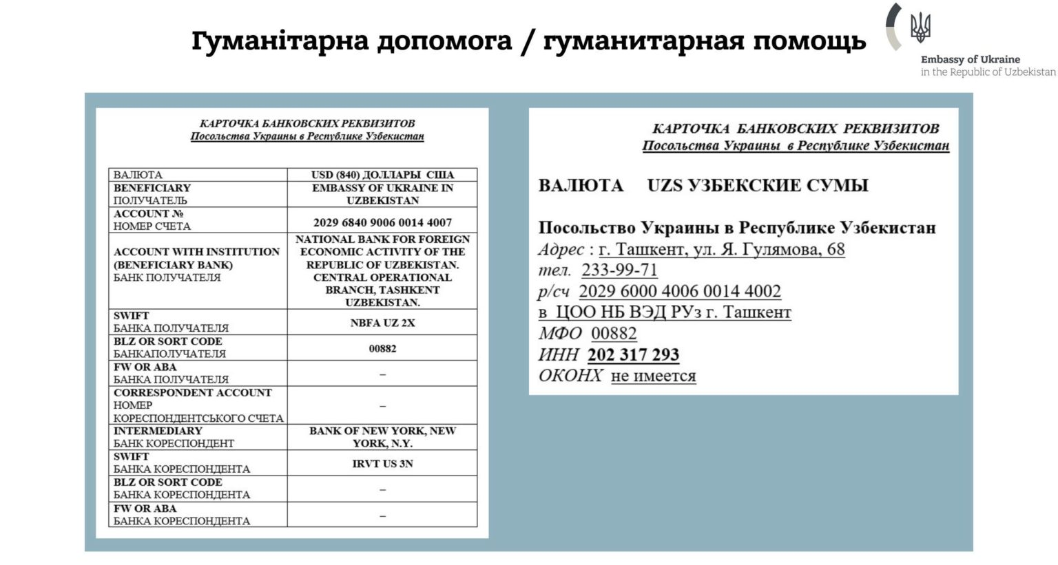 Bank account details for donations to Ukrainian children and elderly people in Uzbek soums and U.S. dollars